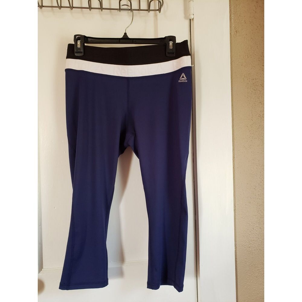Reebok Women's Capri Legging Black and white wide waistband blue women Medium
